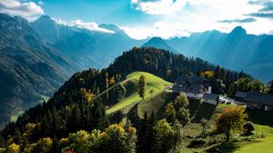 Preview wallpaper mountains, trees, building, nature, landscape