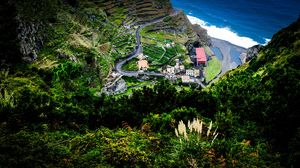 Preview wallpaper mountains, trees, buildings, road, aerial view