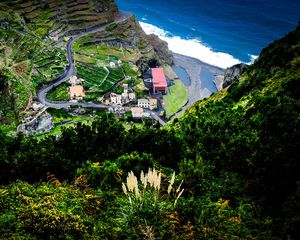 Preview wallpaper mountains, trees, buildings, road, aerial view