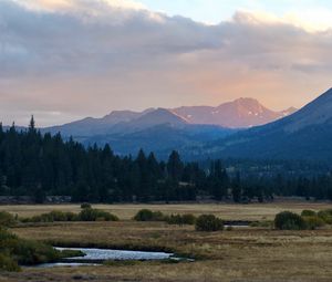 Preview wallpaper mountains, trees, bushes, grass, distance