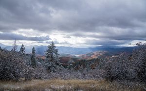 Preview wallpaper mountains, trees, bushes, snow, nature