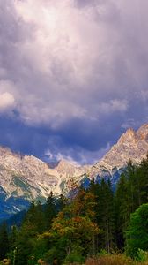 Preview wallpaper mountains, trees, clouds, mountain landscape, autumn, autumn landscape