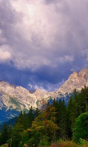 Preview wallpaper mountains, trees, clouds, mountain landscape, autumn, autumn landscape