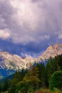 Preview wallpaper mountains, trees, clouds, mountain landscape, autumn, autumn landscape