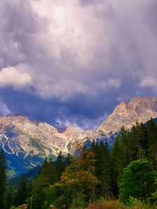 Preview wallpaper mountains, trees, clouds, mountain landscape, autumn, autumn landscape