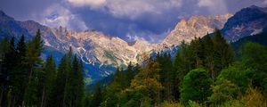 Preview wallpaper mountains, trees, clouds, mountain landscape, autumn, autumn landscape