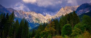 Preview wallpaper mountains, trees, clouds, mountain landscape, autumn, autumn landscape