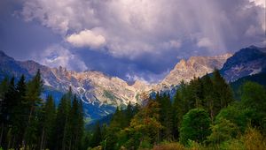 Preview wallpaper mountains, trees, clouds, mountain landscape, autumn, autumn landscape