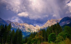 Preview wallpaper mountains, trees, clouds, mountain landscape, autumn, autumn landscape