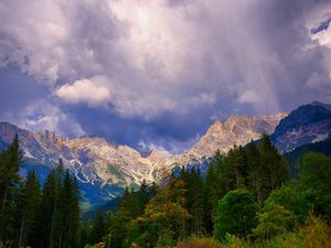 Preview wallpaper mountains, trees, clouds, mountain landscape, autumn, autumn landscape