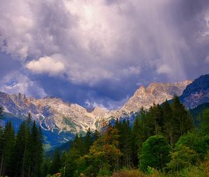 Preview wallpaper mountains, trees, clouds, mountain landscape, autumn, autumn landscape