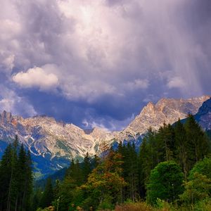 Preview wallpaper mountains, trees, clouds, mountain landscape, autumn, autumn landscape