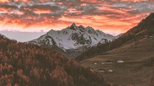 Preview wallpaper mountains, trees, clouds, sky, autumn, village, italy