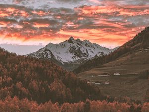 Preview wallpaper mountains, trees, clouds, sky, autumn, village, italy