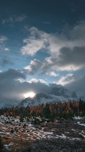Preview wallpaper mountains, trees, clouds, sun, aerial view, landscape
