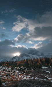 Preview wallpaper mountains, trees, clouds, sun, aerial view, landscape