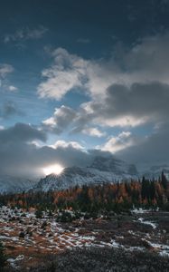 Preview wallpaper mountains, trees, clouds, sun, aerial view, landscape