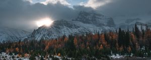 Preview wallpaper mountains, trees, clouds, sun, aerial view, landscape