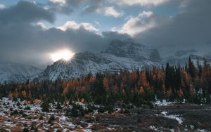 Preview wallpaper mountains, trees, clouds, sun, aerial view, landscape
