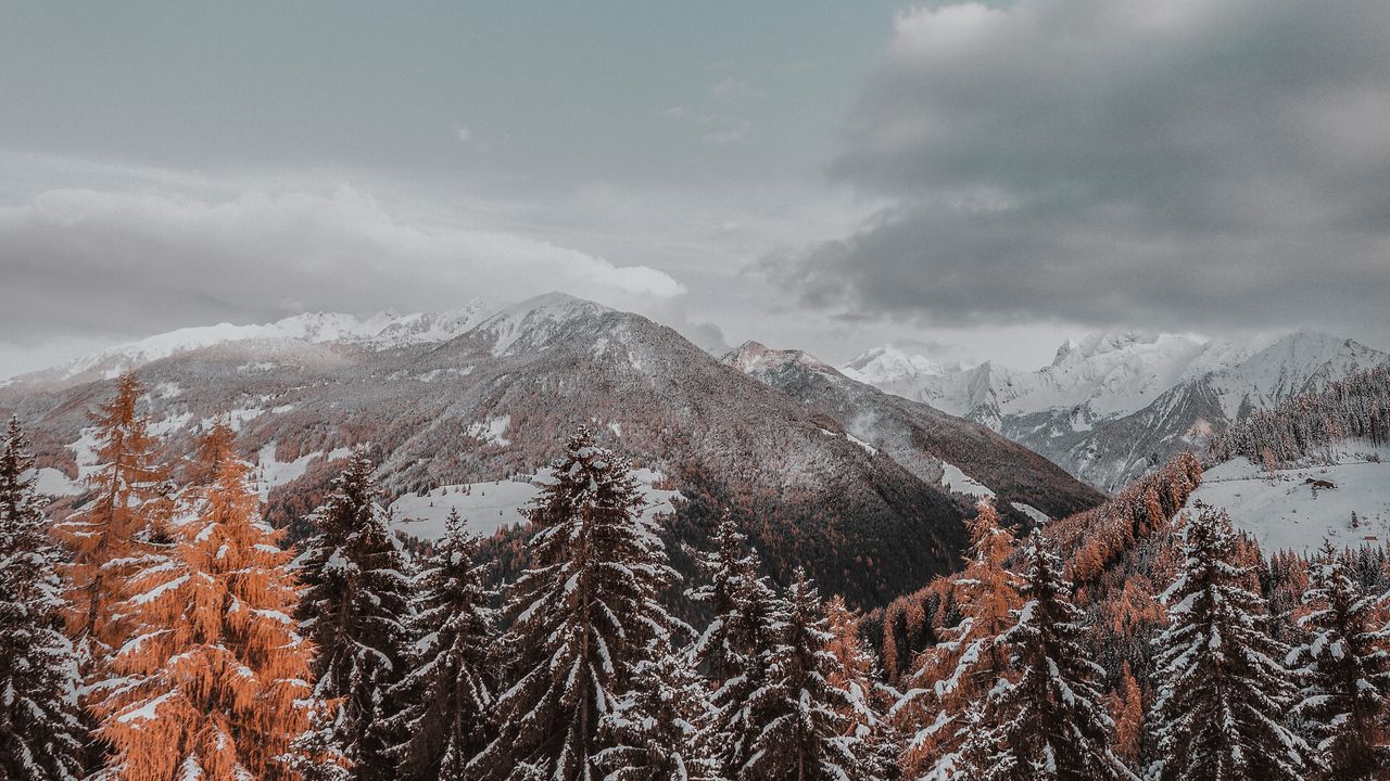 Wallpaper mountains, trees, clouds, landscape, snowy