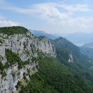 Preview wallpaper mountains, trees, clouds, landscape, aerial view