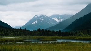 Preview wallpaper mountains, trees, clouds, lake, landscape