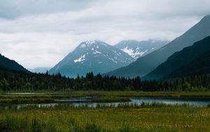 Preview wallpaper mountains, trees, clouds, lake, landscape