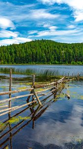 Preview wallpaper mountains, trees, fence, lake