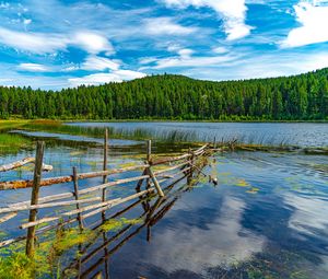 Preview wallpaper mountains, trees, fence, lake