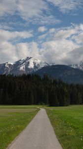 Preview wallpaper mountains, trees, field, path, nature, landscape