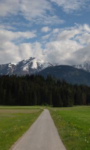 Preview wallpaper mountains, trees, field, path, nature, landscape