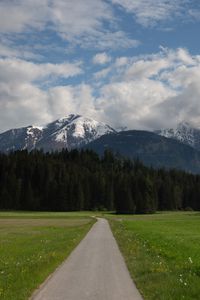 Preview wallpaper mountains, trees, field, path, nature, landscape