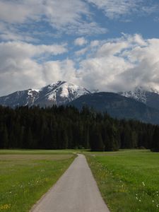 Preview wallpaper mountains, trees, field, path, nature, landscape