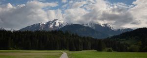 Preview wallpaper mountains, trees, field, path, nature, landscape