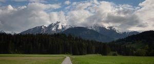 Preview wallpaper mountains, trees, field, path, nature, landscape
