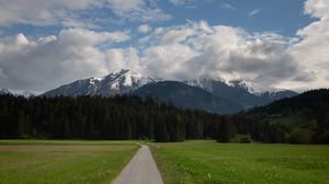 Preview wallpaper mountains, trees, field, path, nature, landscape