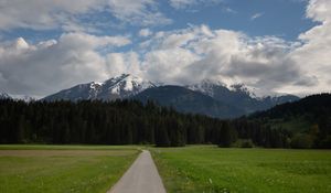 Preview wallpaper mountains, trees, field, path, nature, landscape