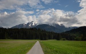 Preview wallpaper mountains, trees, field, path, nature, landscape