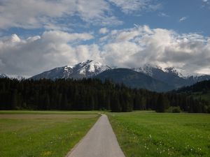 Preview wallpaper mountains, trees, field, path, nature, landscape