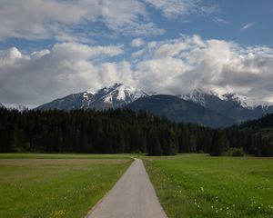 Preview wallpaper mountains, trees, field, path, nature, landscape