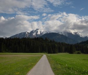 Preview wallpaper mountains, trees, field, path, nature, landscape