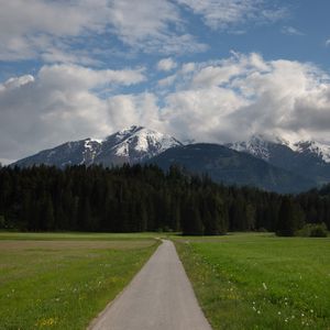 Preview wallpaper mountains, trees, field, path, nature, landscape