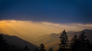 Preview wallpaper mountains, trees, fog, clouds, tops