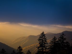 Preview wallpaper mountains, trees, fog, clouds, tops
