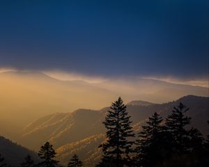 Preview wallpaper mountains, trees, fog, clouds, tops