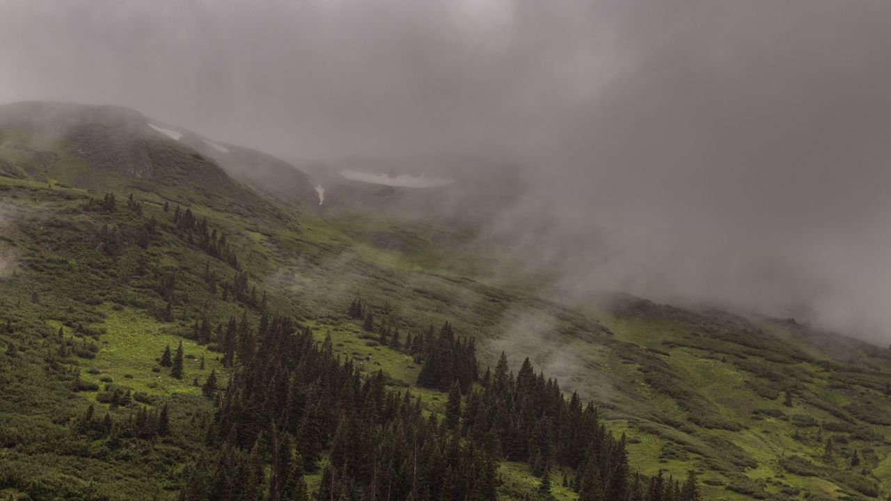 Wallpaper mountains, trees, fog, clouds, slope