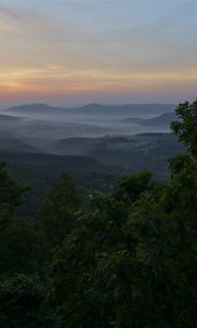 Preview wallpaper mountains, trees, fog, dusk, landscape