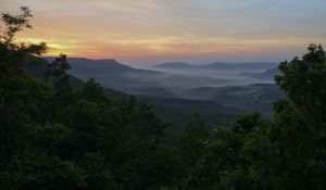 Preview wallpaper mountains, trees, fog, dusk, landscape