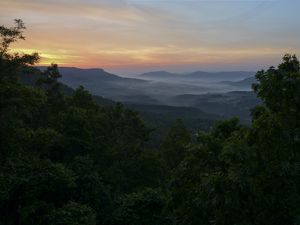 Preview wallpaper mountains, trees, fog, dusk, landscape