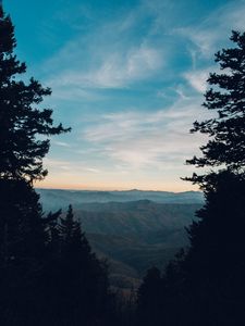Preview wallpaper mountains, trees, fog, view, landscape